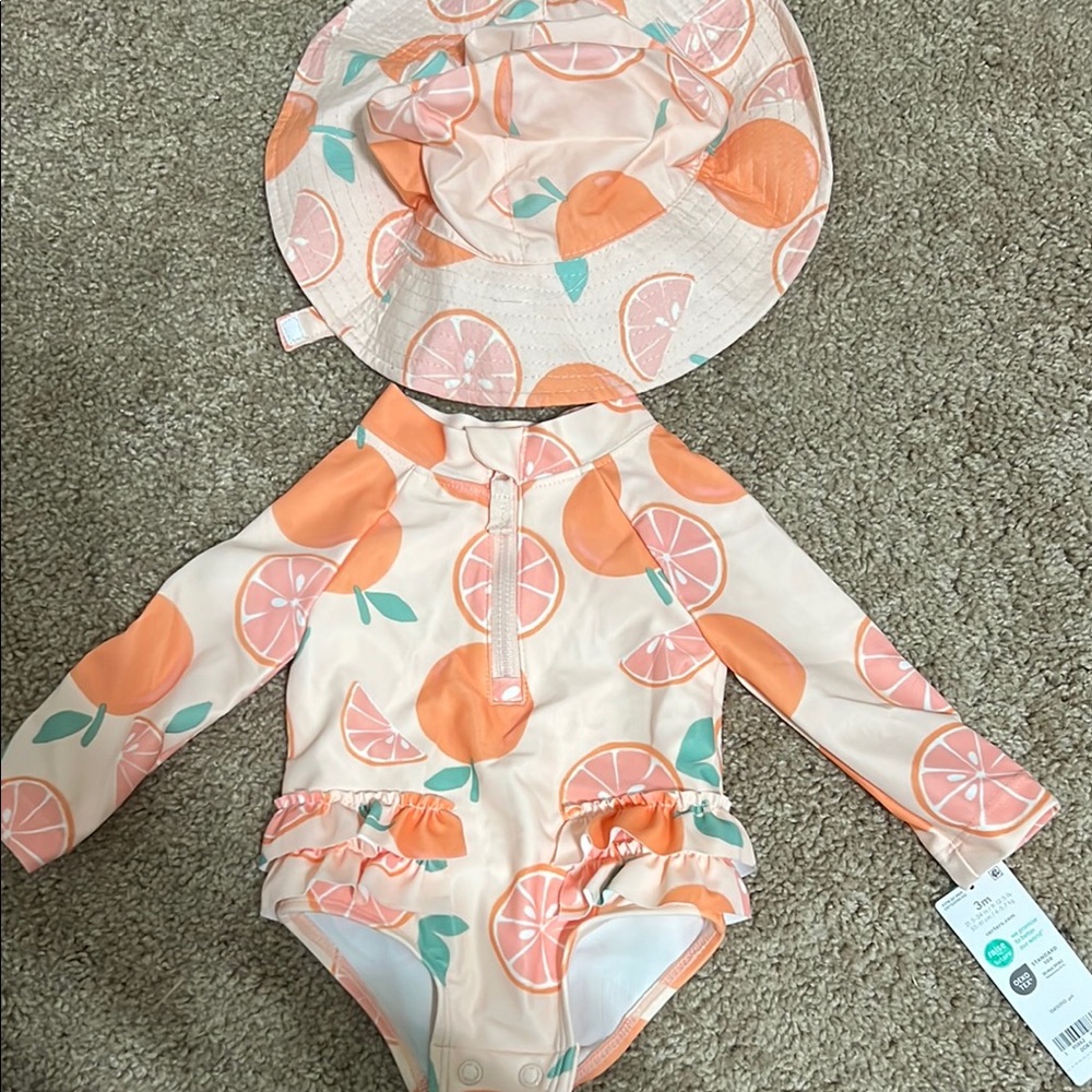 Carter's Peach and Green Kids Swim with sun hat